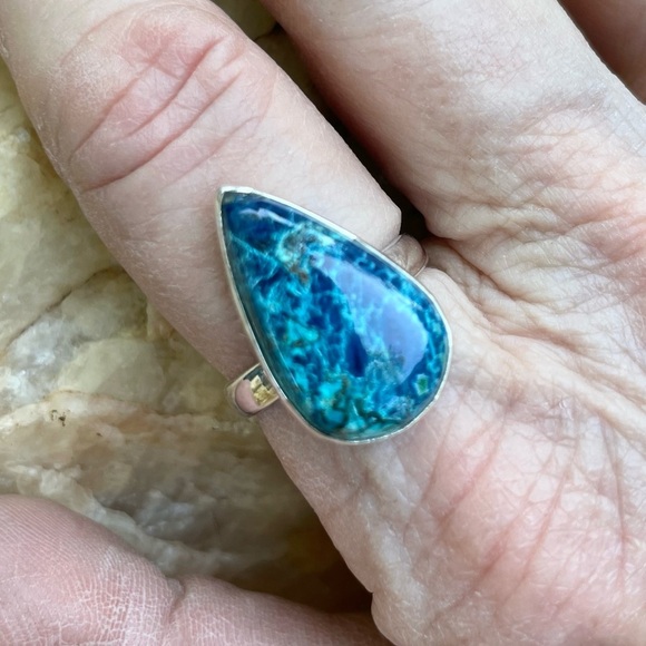 Azurite and Chrysocolla teardrop cabochon 925 sterling silver ring size 8, NWT - Picture 1 of 7